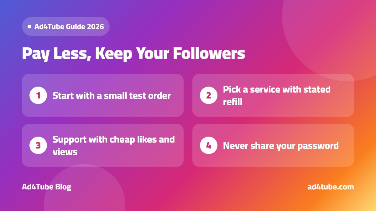 Infographic with four tips for buying the cheapest Instagram followers that last