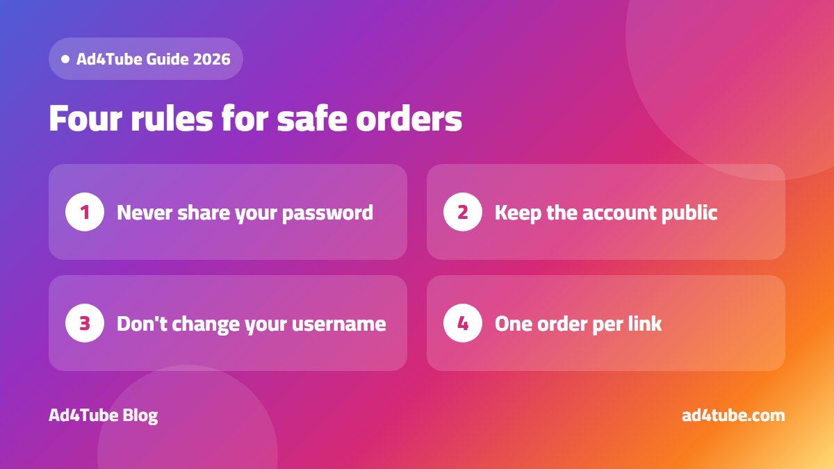 Infographic with four rules for ordering from an Instagram followers SMM panel